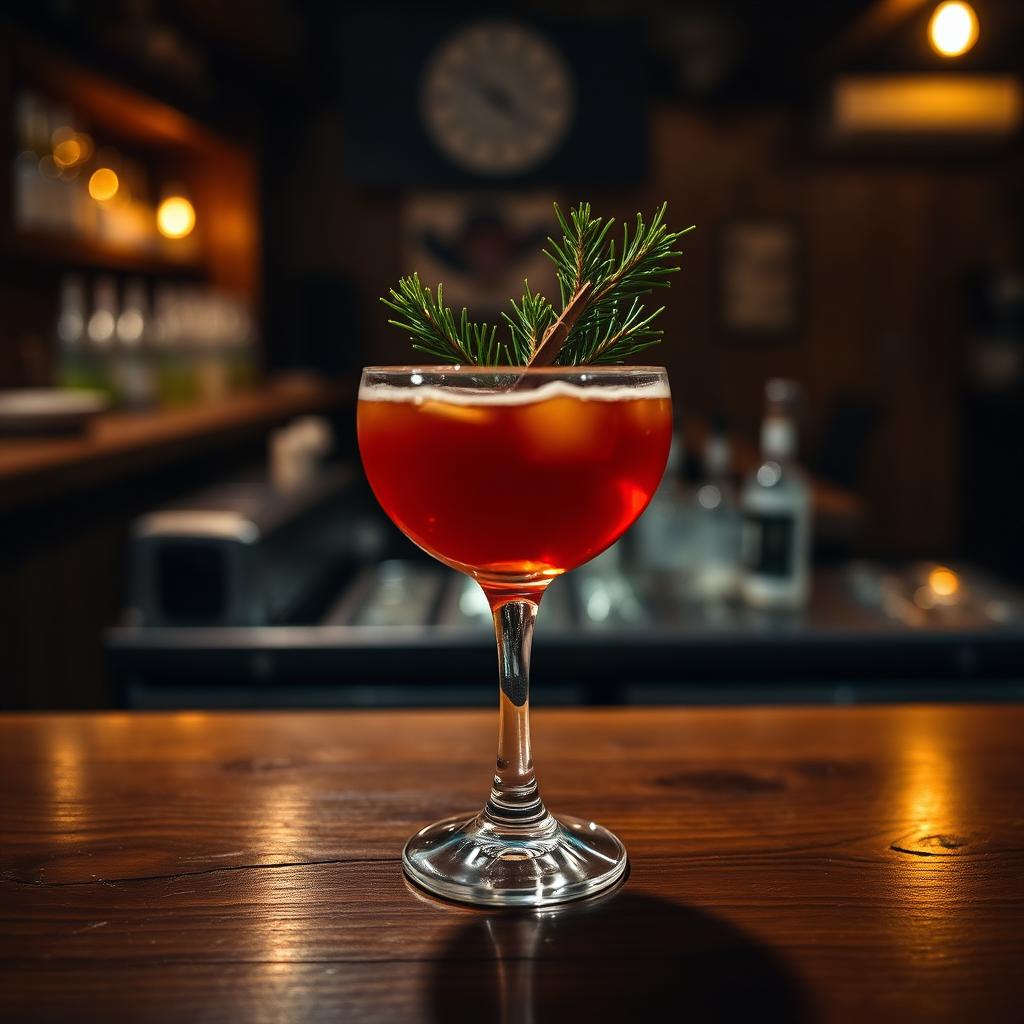 Craft cocktail with evergreen garnish